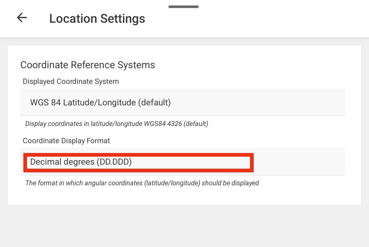 Tap Coordinate Display Format field